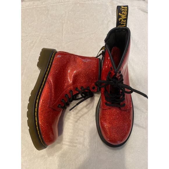 DR. MARTENS DOC 1460 Glitter Lace Up Boots Red Shiny Sparkly Girls US 3 EU 34 - Picture 2 of 7